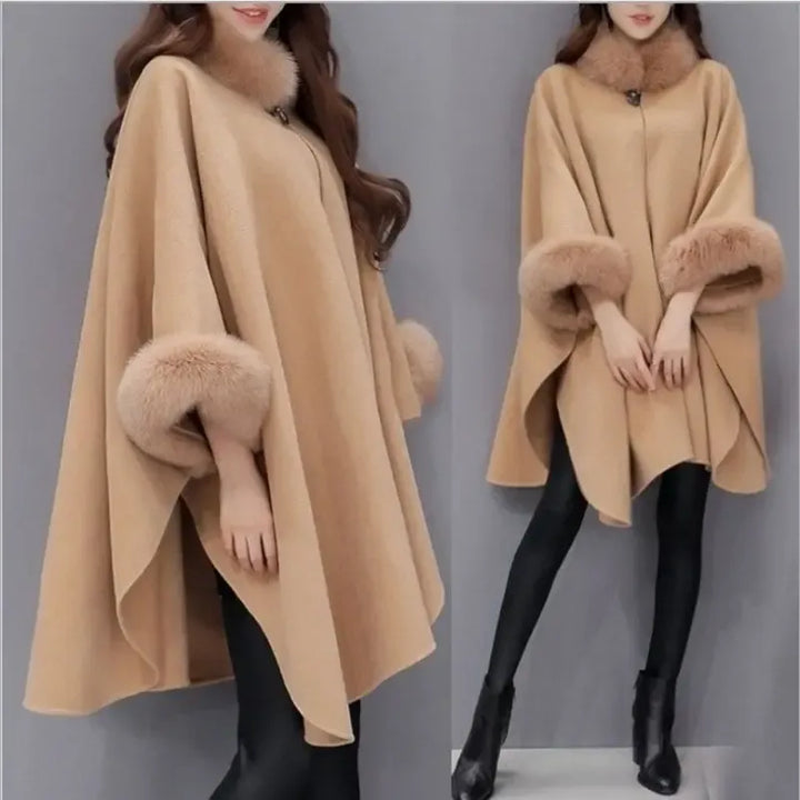 Mantella elegante da donna con morbido bordo in ecopelliccia, perfetta per un look chic e sofisticato in inverno.