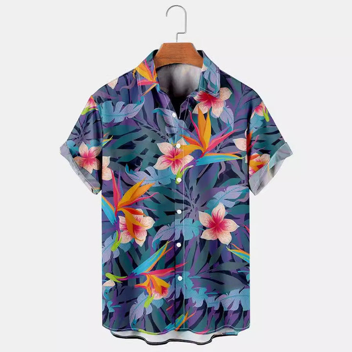 Camicia uomo a maniche corte con fiori tropicali, stampa colorata, tessuto elastico per look casual estivo.
