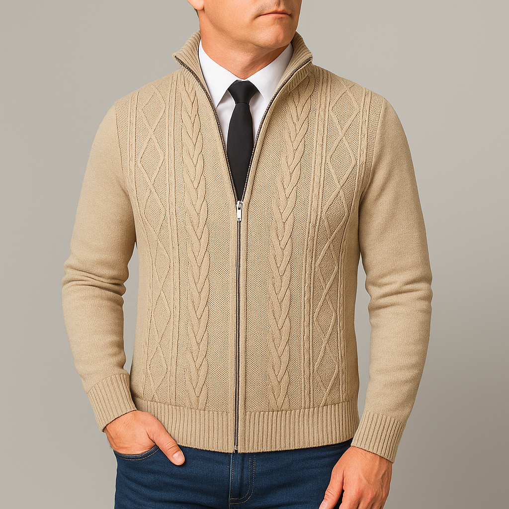 Maglione zip-up uomo, collo alto, look casual ed elegante. Perfetto per la moda uomo autunnale.