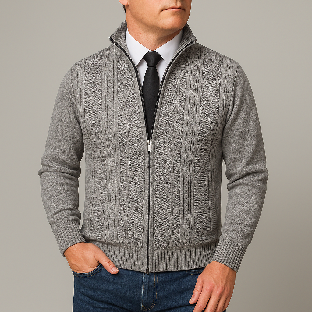 Maglione uomo autunnale con collo alto e zip. Design moderno per un abbigliamento maschile caldo ed elegante.