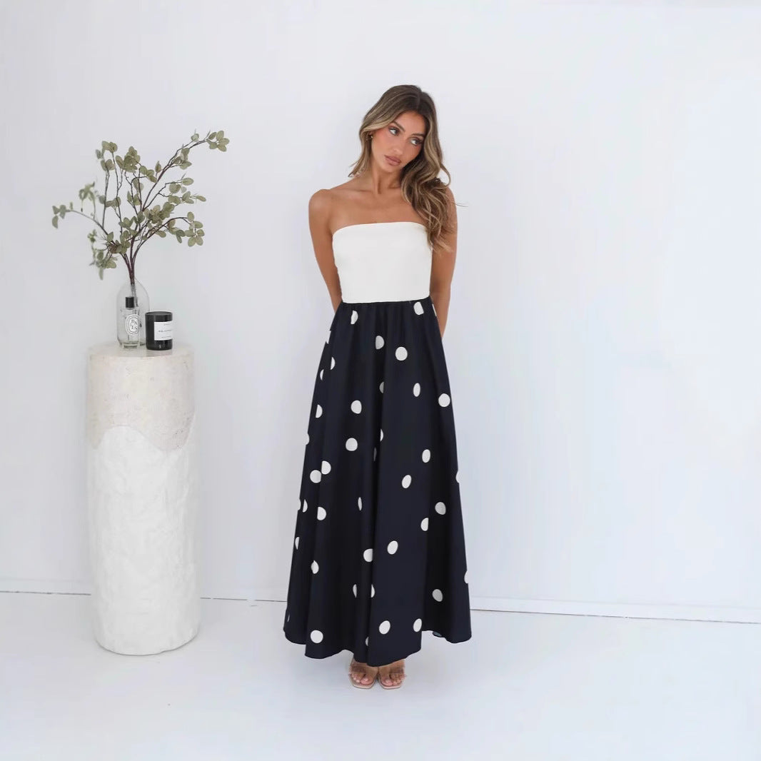 Vestito estivo lungo da donna, patchwork a pois. Un abito casual elegante e chic, ideale per la moda donna senza spalline.