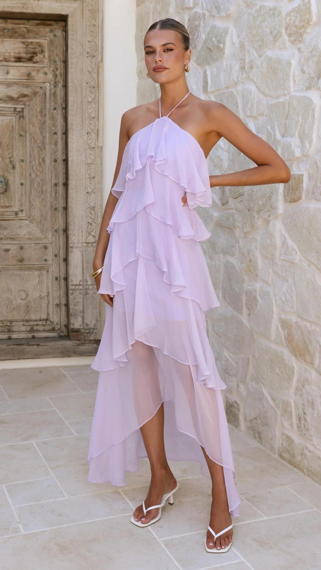Abito lungo con spalle scoperte e stampa floreale, vestito estivo femminile.