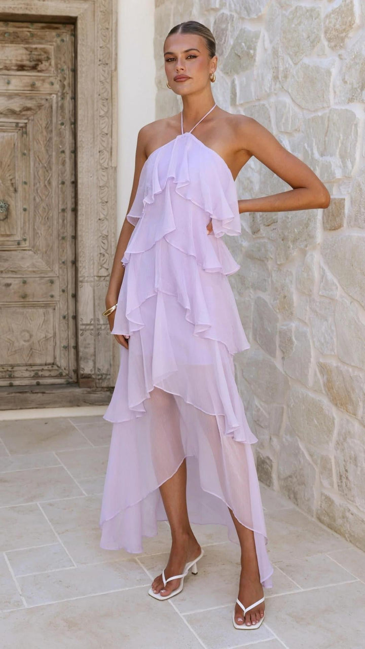 Abito lungo con spalle scoperte e stampa floreale, vestito estivo femminile.