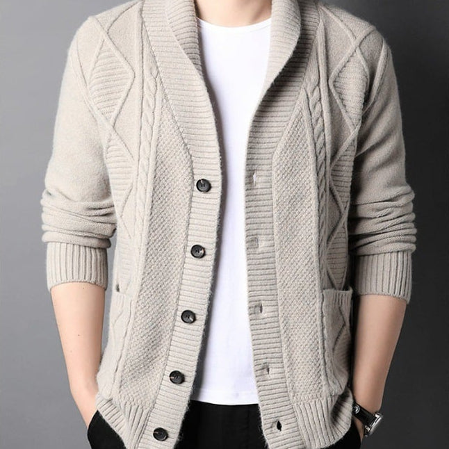 Cardigan da uomo casual con collo a revers e maniche lunghe. Maglione morbido nero, grigio o beige per autunno/inverno.