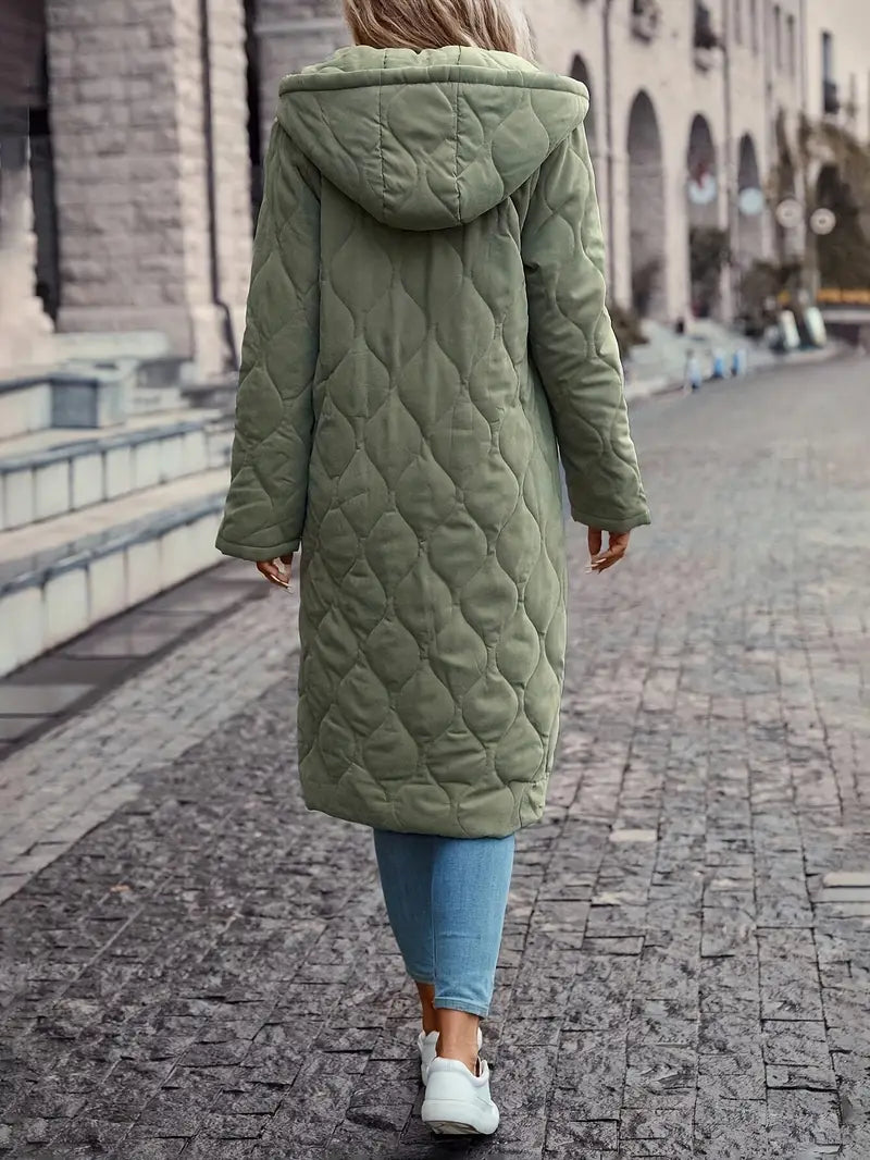 Giacca calda invernale da donna, colore verde, capospalla elegante e pratico con cappuccio per ogni occasione.