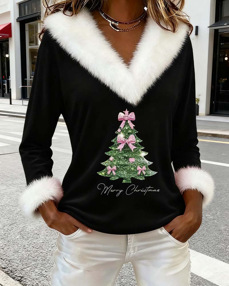 Top donna a scollo a V con stampa festiva, ideale per feste, casual e outfit quotidiani invernali.