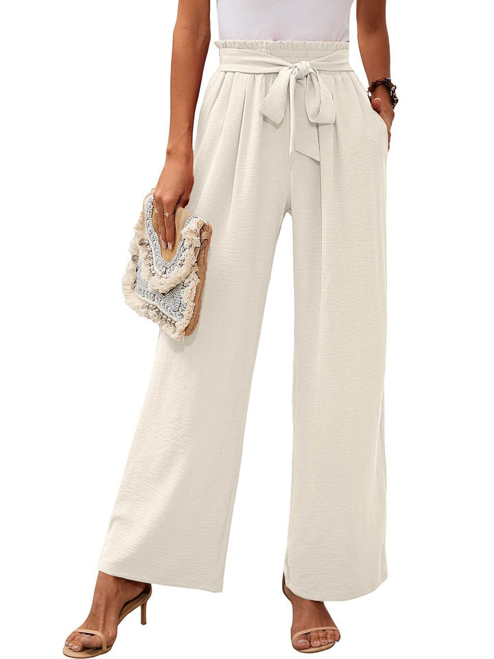 Pantaloni donna eleganti vita alta con nodo, gamba ampia. Perfetti per outfit casual e ufficio.