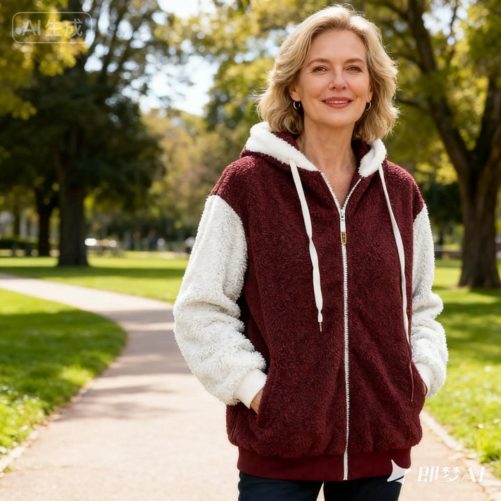 Morbida giacca in pile donna oversize con cappuccio, zip, ideale per calore e comfort nell'inverno.