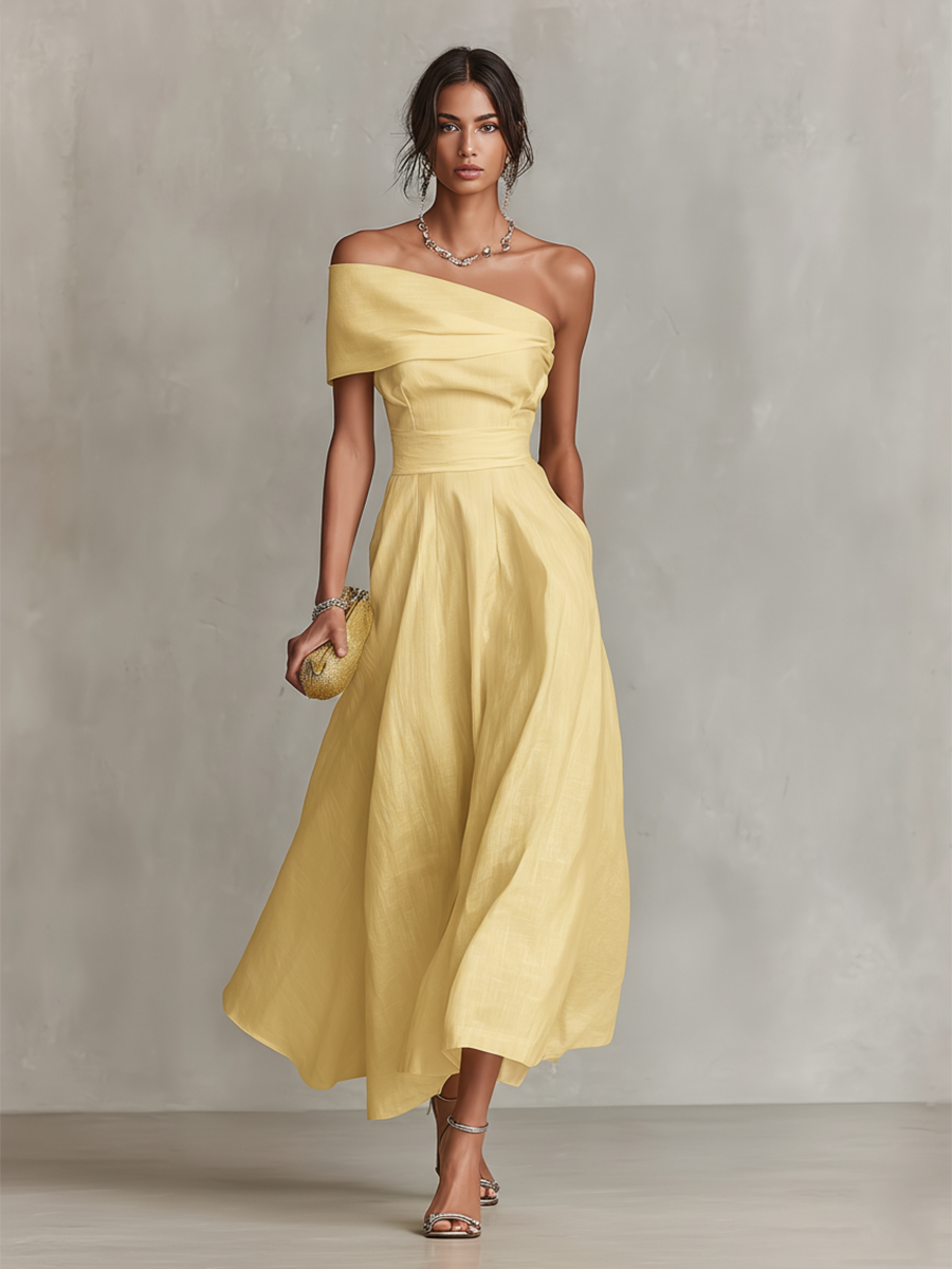 Abito monospalla da donna in lino color giallo sole, perfetto per un look casual chic estivo e serate eleganti.