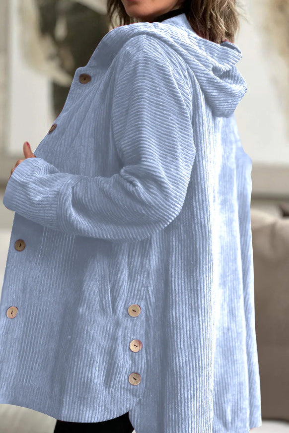 Giacca grigia da donna con cappuccio per tutte le stagioni, stile casual abbottonato e confortevole.