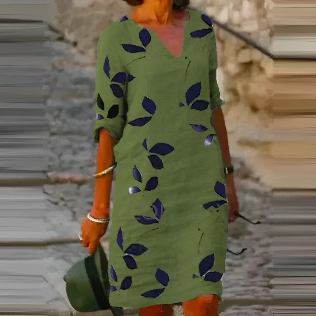 Abito chemisier da donna con stampa a foglie botaniche, stile versatile per primavera/autunno, comodo ed elegante.