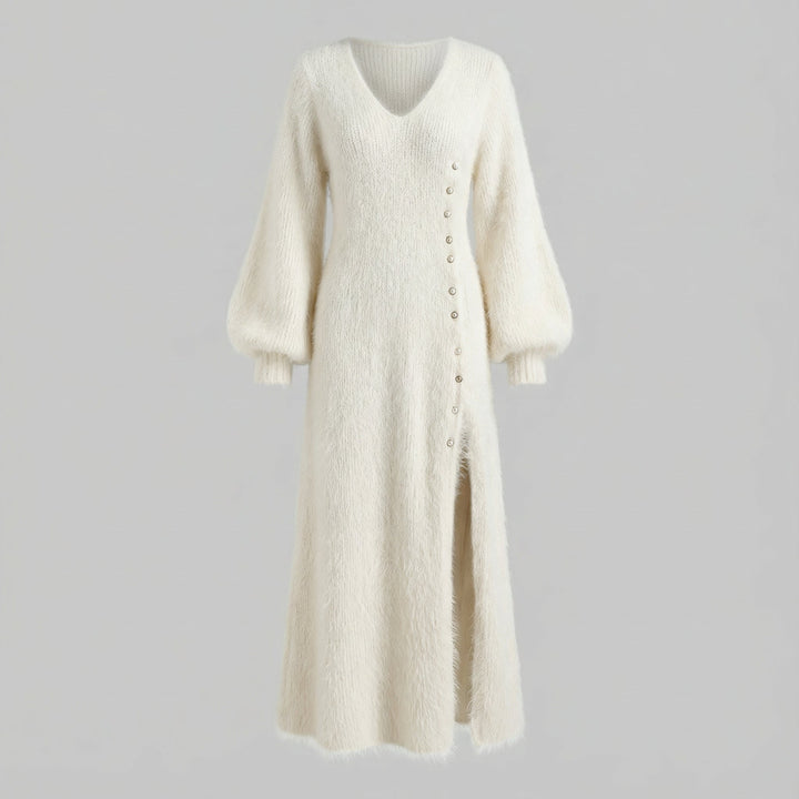 Abito lungo donna invernale elegante con scollo a V e maniche lunghe, perfetto per serate chic.