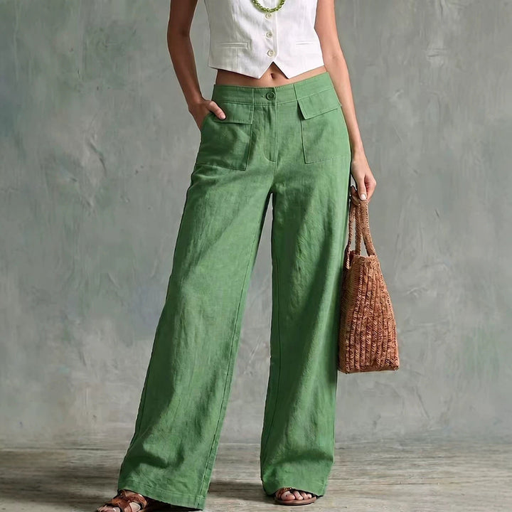 Pantaloni casual donna larghi, vita alta con elastico, ideali per comfort quotidiano e stile. Abbigliamento femminile.