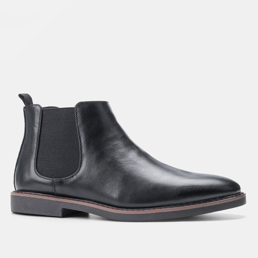 Stivaletti Chelsea uomo eleganti slip-on neri con punta tonda, perfetti per look business e casual invernali.