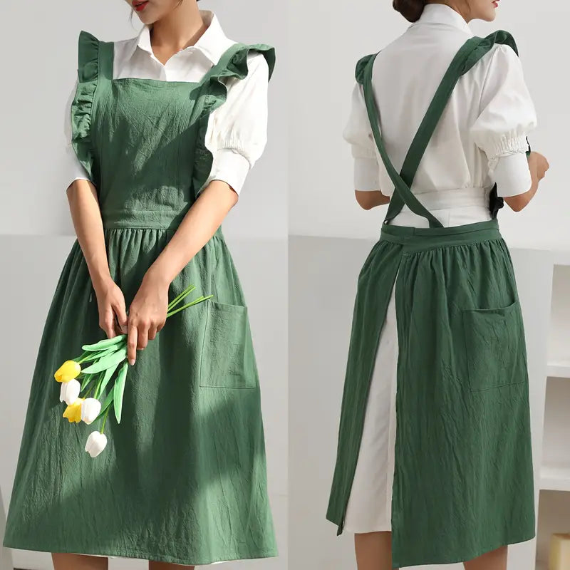 Grembiule donna con volant, versatile e confortevole per hobby, cucina e lavori domestici.