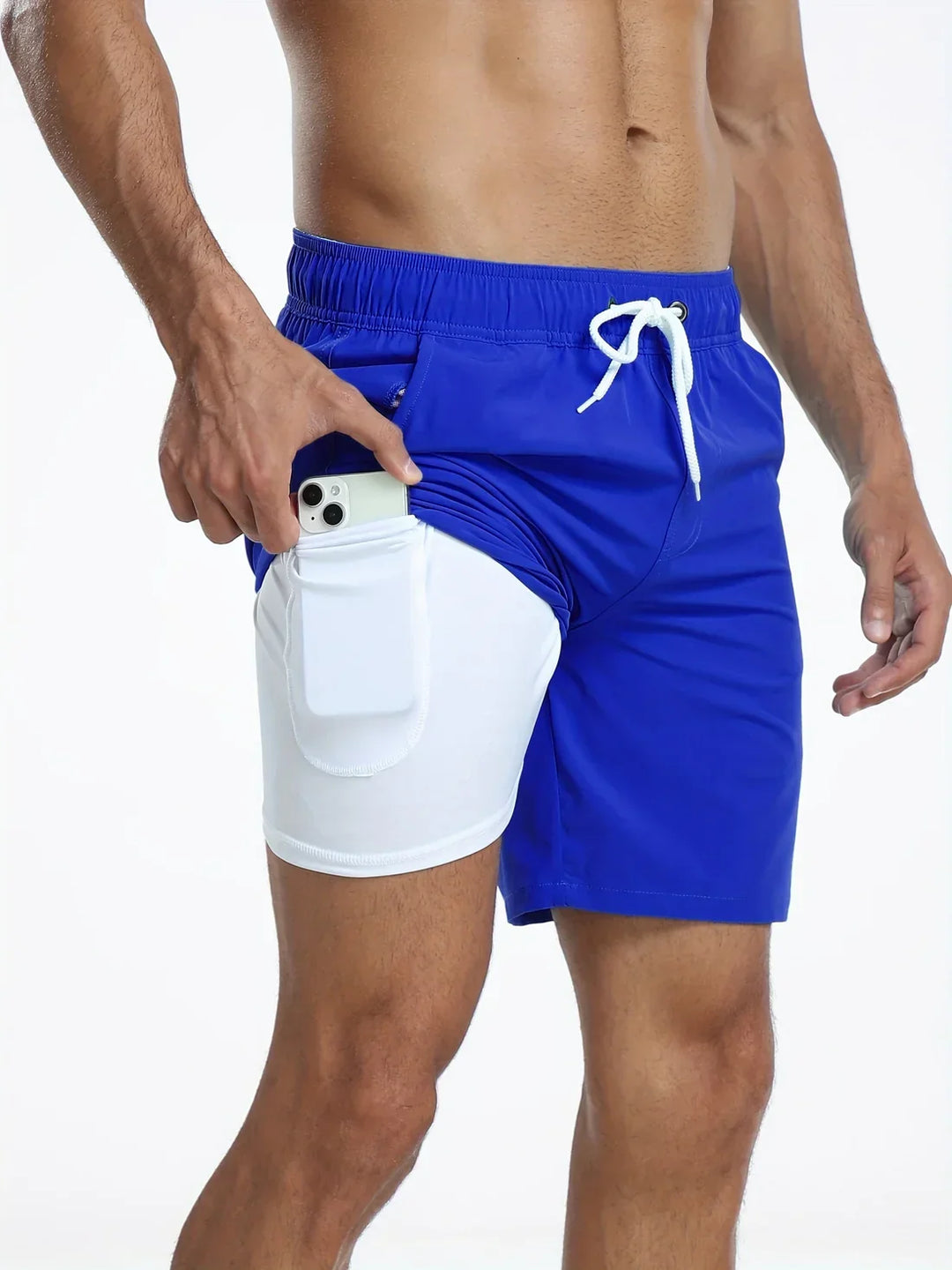Shorts uomo 2-in-1, con compressione interna, per performance in nuoto e training. Asciugatura rapida inclusa.