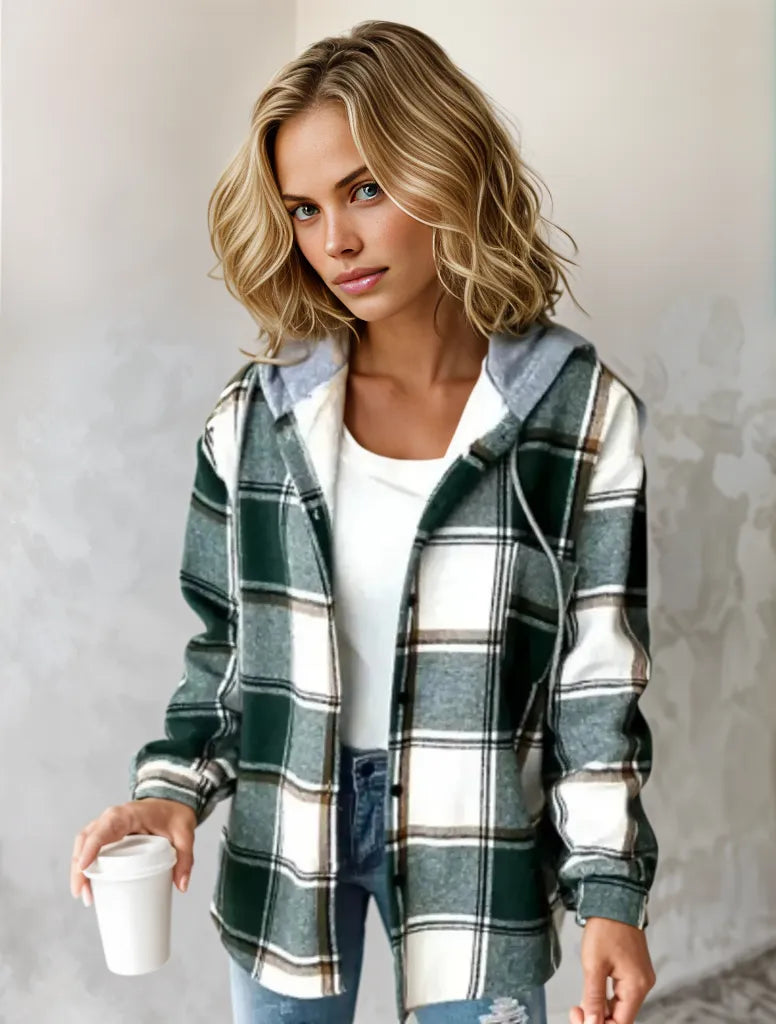 Giacca a quadri da donna casual con cappuccio e bottoni, perfetta per la moda invernale e uno stile versatile.
