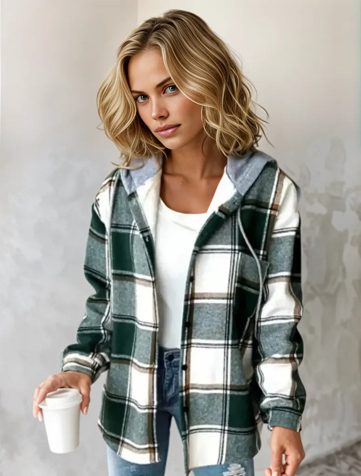 Giacca a quadri da donna casual con cappuccio e bottoni, perfetta per la moda invernale e uno stile versatile.