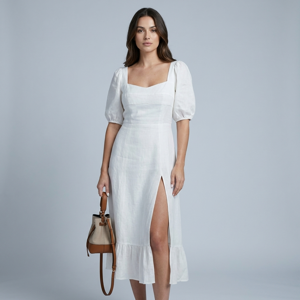 Abito midi da donna elegante con scollo quadrato e maniche a sbuffo, perfetto per l'estate e eventi chic.