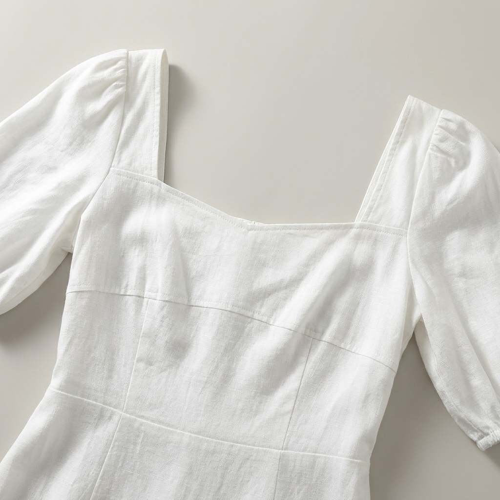 Vestito estivo midi donna con scollo quadrato e maniche a sbuffo, ideale per un look casual chic di giorno.