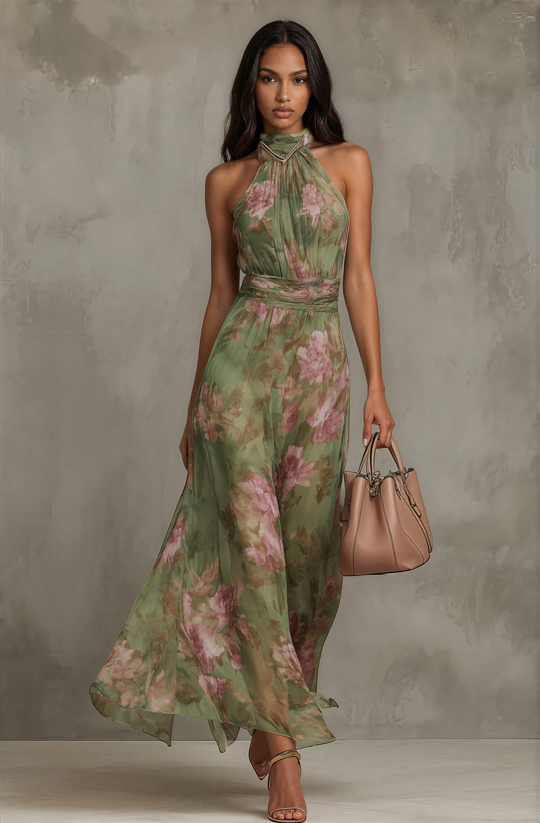 Abito lungo floreale elegante da donna con cintura, perfetto per cerimonie e invitata matrimonio estivo.