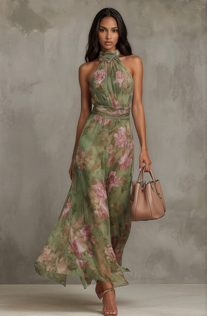 Abito lungo floreale elegante da donna con cintura, perfetto per cerimonie e invitata matrimonio estivo.