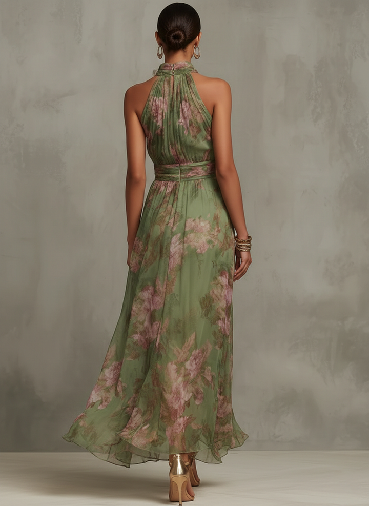 Elegante abito lungo verde smeraldo floreale da donna con scollo all'americana, ideale per feste serali.