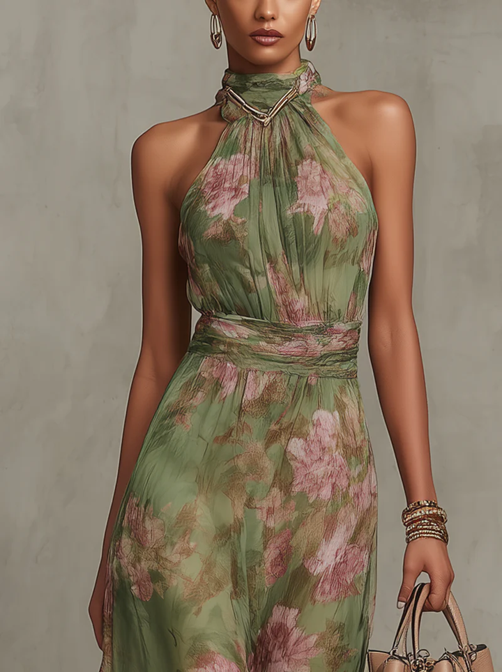 Abito estivo lungo floreale da donna con cintura, un outfit serale elegante per cerimonie e eventi speciali.