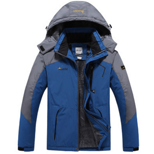 Giacca sci uomo sportiva, calda e impermeabile con cappuccio regolabile per attività outdoor.