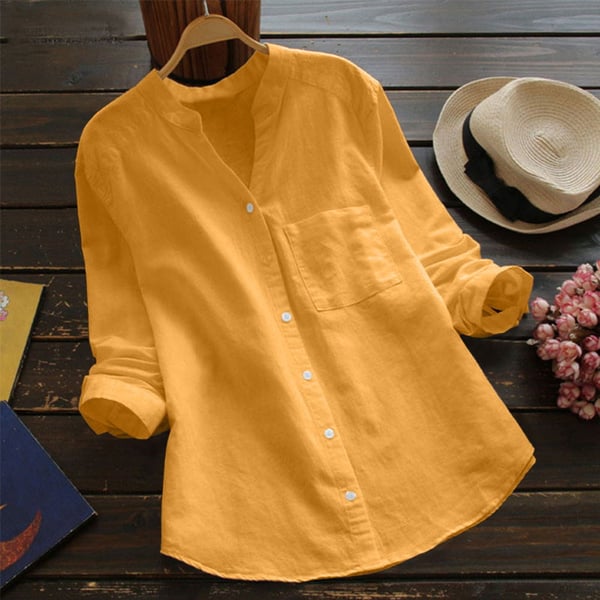 Camicia bianca donna con scollo a V e maniche lunghe. Design confortevole a vestibilità morbida per ogni occasione.