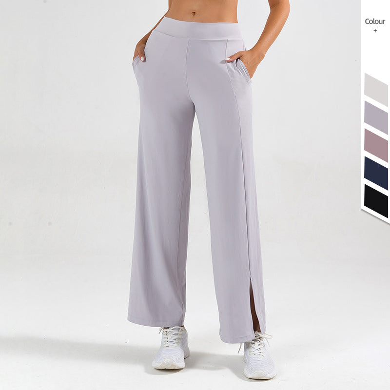 Pantaloni yoga donna comodi, a gamba ampia con spacco, perfetti per pilates, fitness e relax in casa.