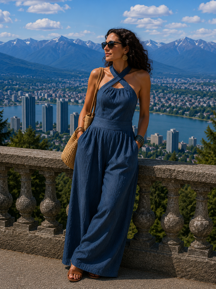 Tuta donna fluida elegante con corpetto incrociato e gamba ampia, ideale per serate e occasioni speciali.
