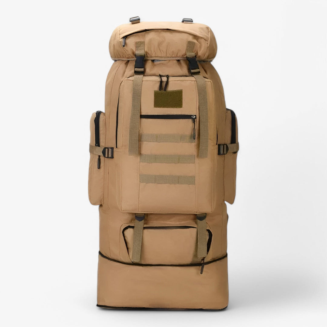 Zaino da viaggio 80L kaki, uomo, con scomparti multipli per organizzazione tattica.