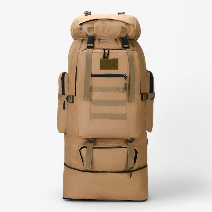 Zaino da viaggio 80L kaki, uomo, con scomparti multipli per organizzazione tattica.