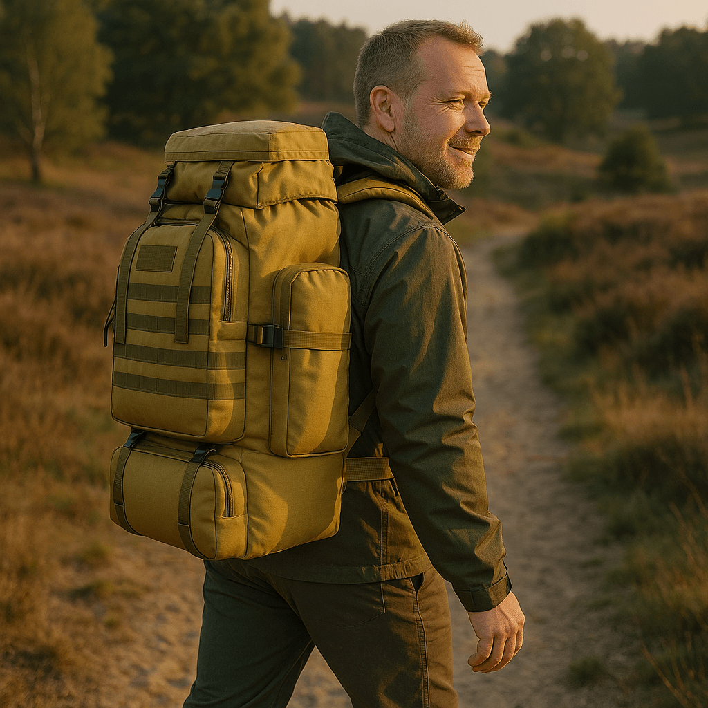 Zaino da trekking 80L kaki per uomo, resistente, perfetto per lunghe avventure.