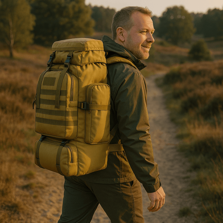 Zaino da trekking 80L kaki per uomo, resistente, perfetto per lunghe avventure.