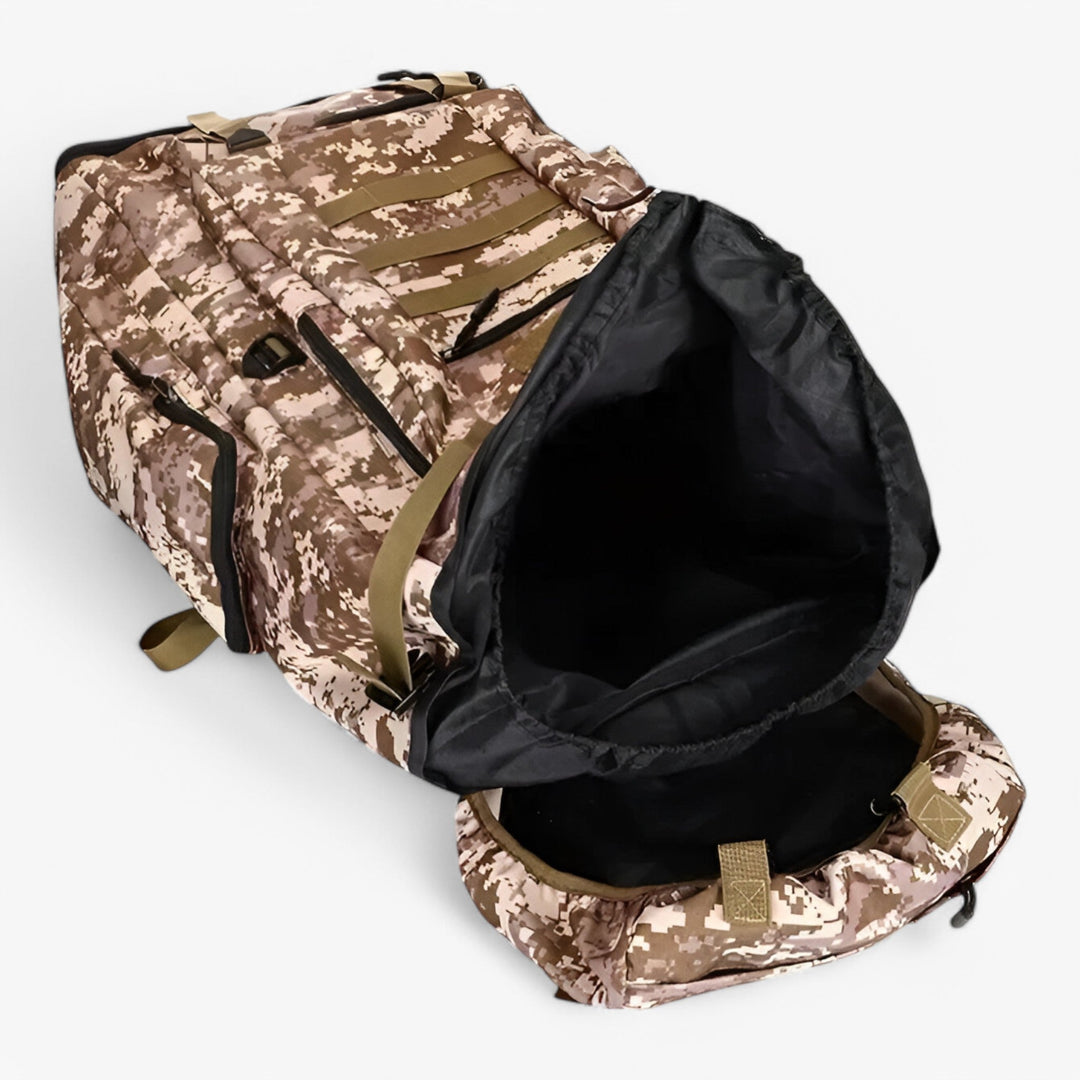Zaino tattico da 80 litri kaki per uomo, versatile, per escursioni e campeggio.
