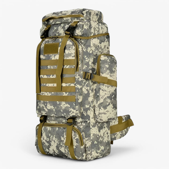 Zaino uomo kaki 80L resistente, tattico, perfetto per trekking di più giorni e viaggi.