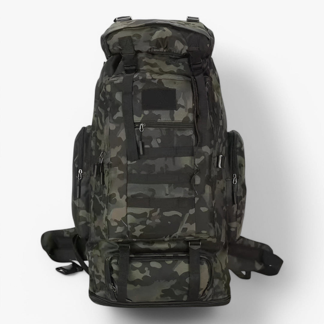 Primo piano del tessuto resistente dello zaino tattico 80L kaki da uomo, qualità premium.