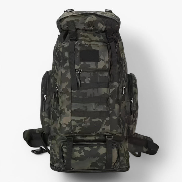 Primo piano del tessuto resistente dello zaino tattico 80L kaki da uomo, qualità premium.