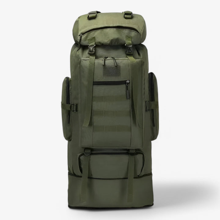 Zaino kaki tattico 80L per uomo, ergonomico e robusto, per carichi pesanti in trekking.