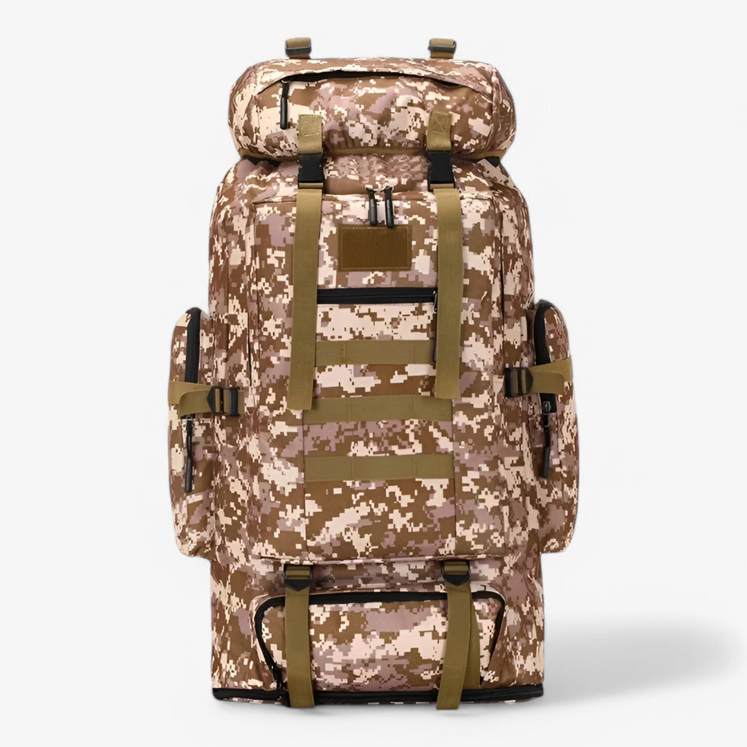 Zaino 80L kaki da uomo, resistente all'acqua, ottimo per trekking e viaggi lunghi.