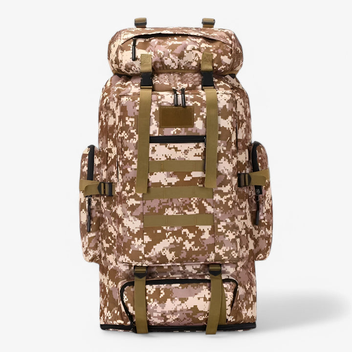 Zaino 80L kaki da uomo, resistente all'acqua, ottimo per trekking e viaggi lunghi.