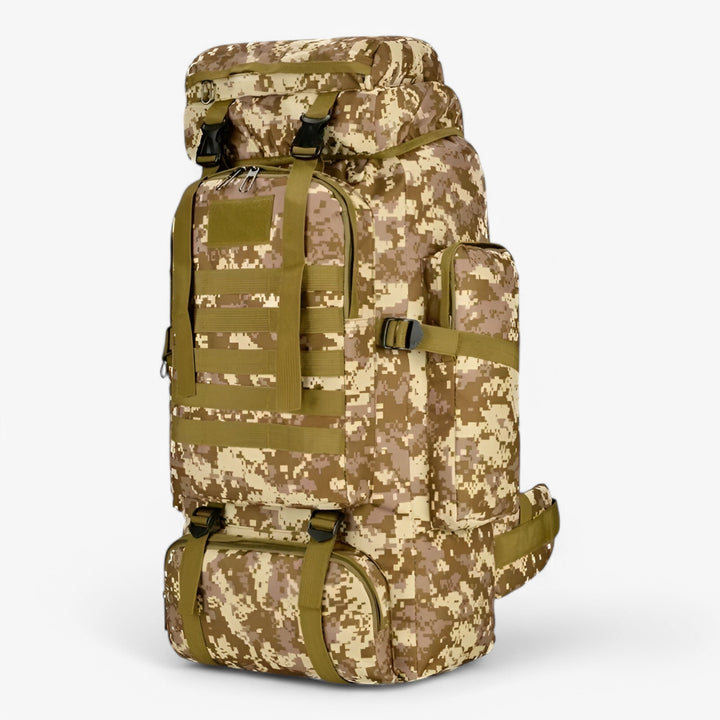 Zaino da trekking tattico 80L kaki, uomo, con fibbie robuste per la massima sicurezza.