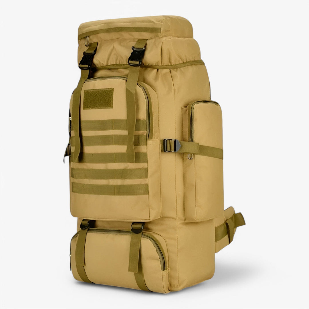 Zaino tattico kaki da uomo 80L, ideale per trekking ed escursioni estreme.
