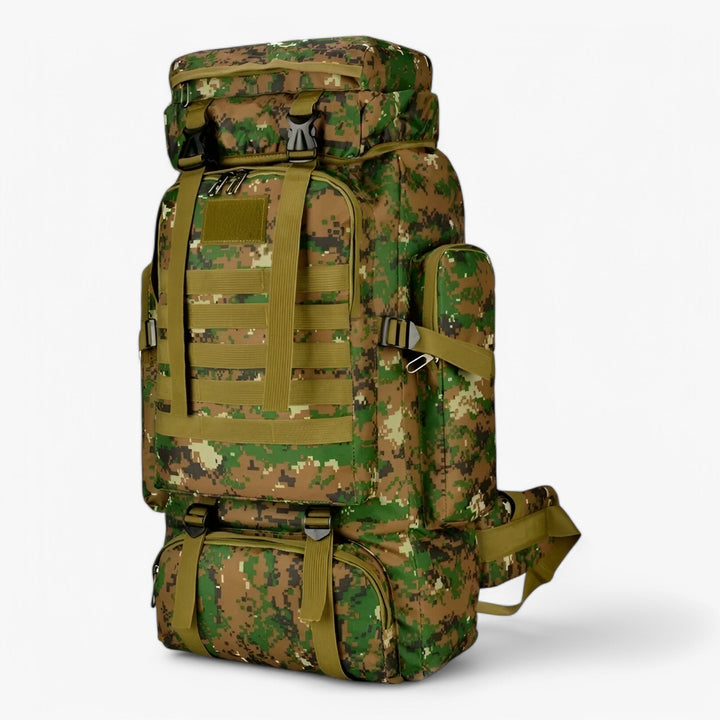 Dettaglio zaino kaki 80L da uomo, con sistema MOLLE, per attrezzatura tattica.