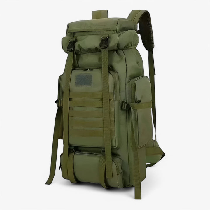 Zaino uomo tattico 80L kaki, spazioso e robusto per viaggi ed escursionismo.