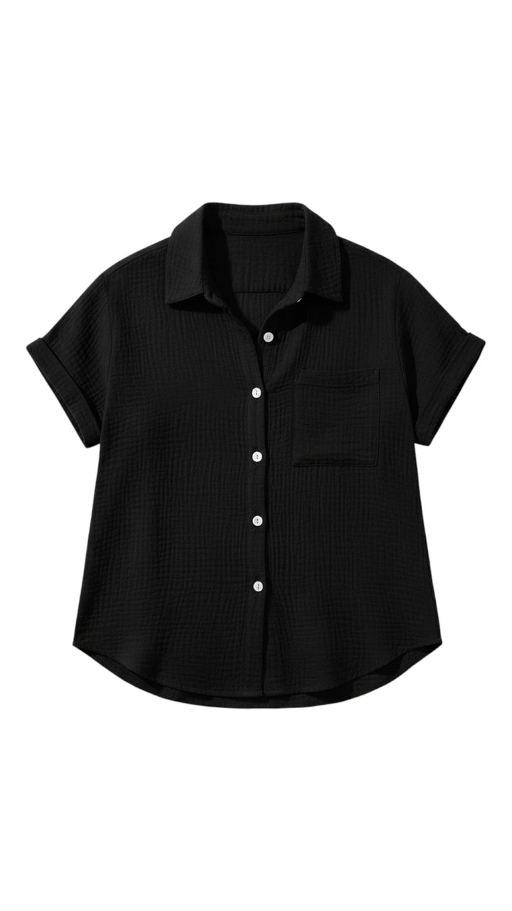 Camicetta donna con bottoni, maniche corte. Blusa estiva per comfort e stile casual chic estivo.