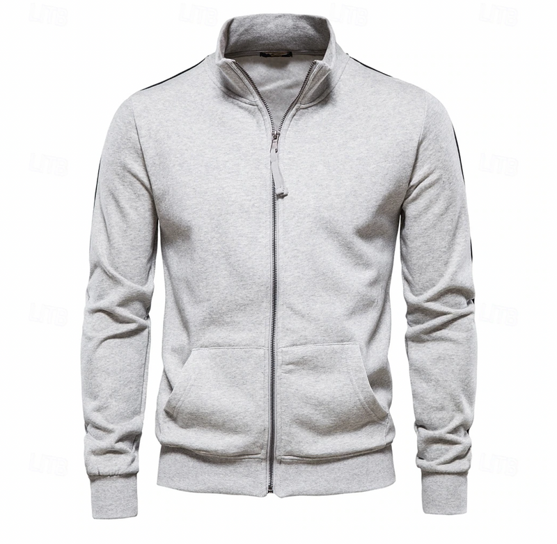 Giacca sportiva uomo casual grigia, leggera. Collo alto e cerniera per abbigliamento esterno multistrato.