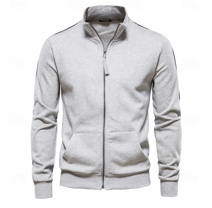 Giacca sportiva uomo casual grigia, leggera. Collo alto e cerniera per abbigliamento esterno multistrato.